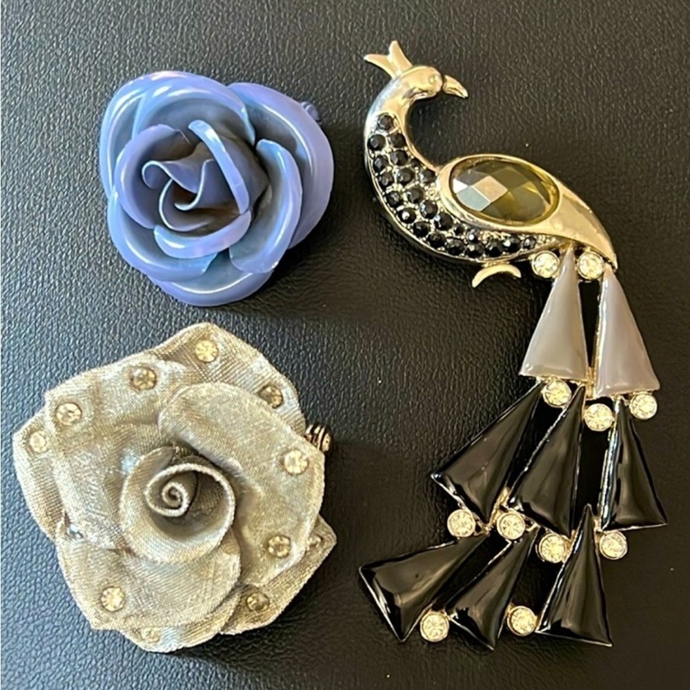 *Host Pick* Elegant trio of Black and Gold Peacock, blue and cream rose Brooches